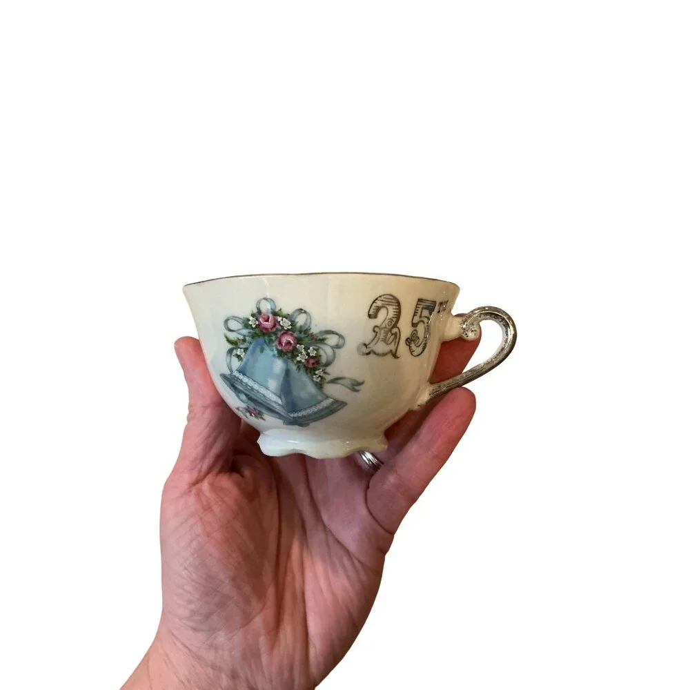 25th Anniversary Porcelain Cup & Saucer Set With Blue Bell & Floral‎ Design
